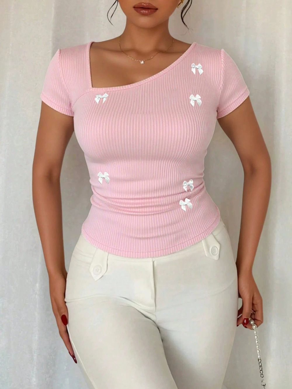 ZARA Womens Summer Butterfly Knot Slanted Neck Slim Fit Short Sleeve Tee